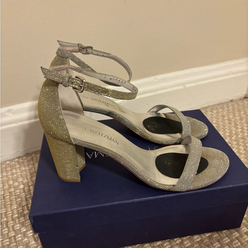Stuart Weitzman Glittering Silver Block Heels